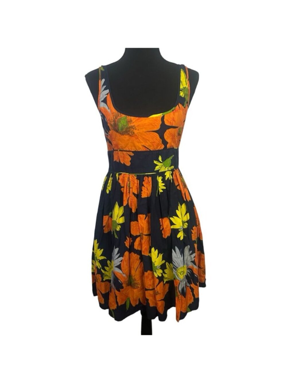Aryeh Floral Sleeveless Knee Length Fit Flare Dress Sz L Orange Yellow Knee Leng